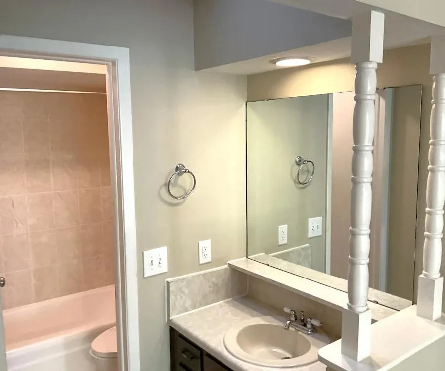 Bathroom remodel with vanity, mirror, and tub